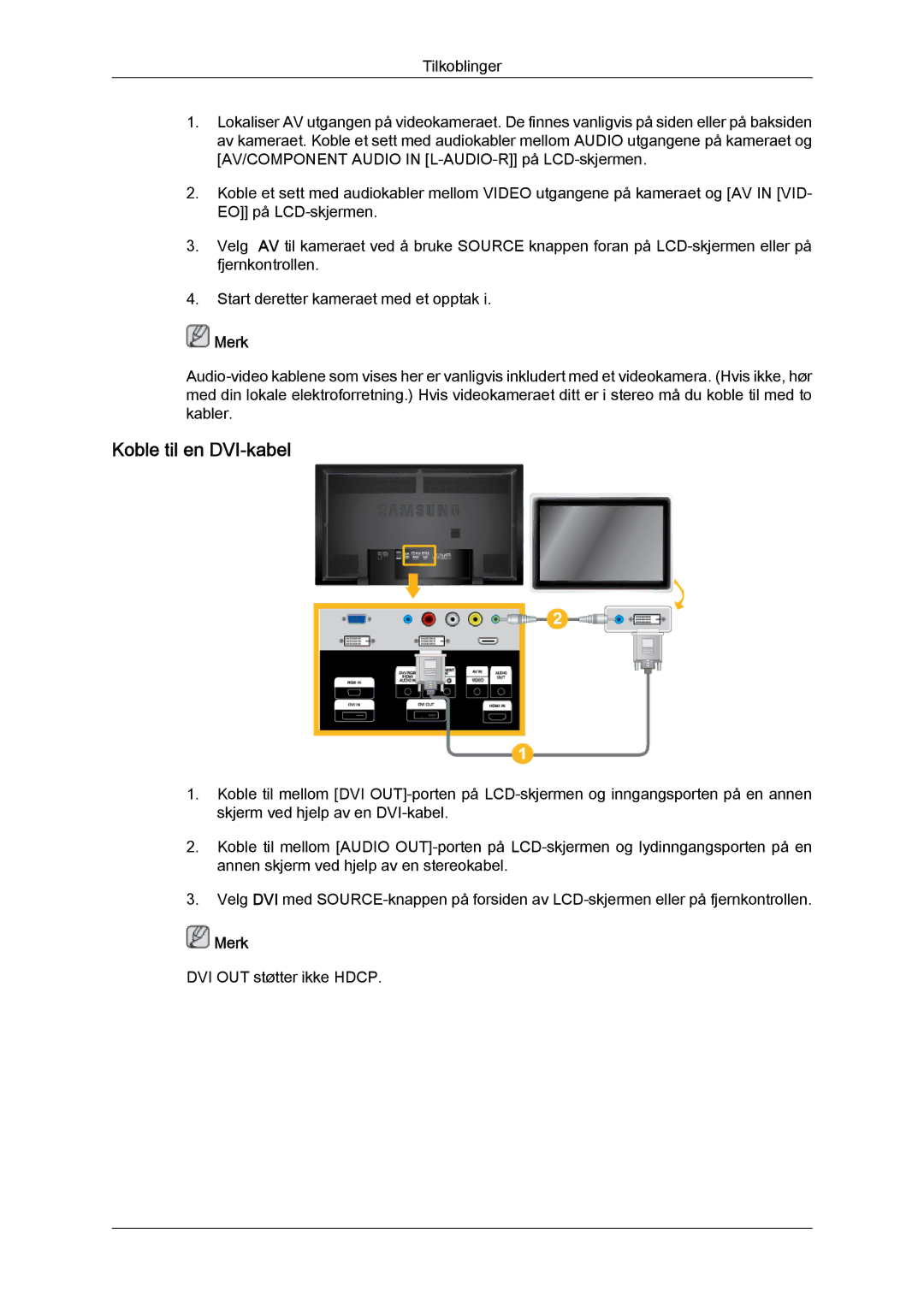 Samsung LH65TCPMBC/EN manual Koble til en DVI-kabel 