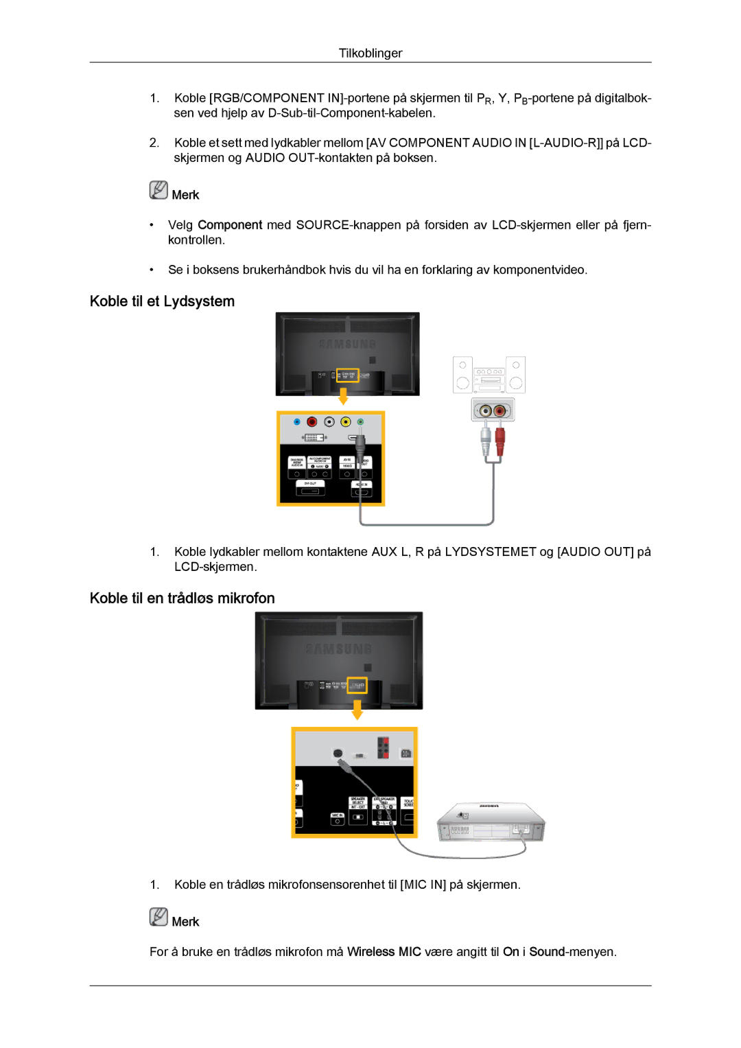 Samsung LH65TCPMBC/EN manual Koble til et Lydsystem, Koble til en trådløs mikrofon 