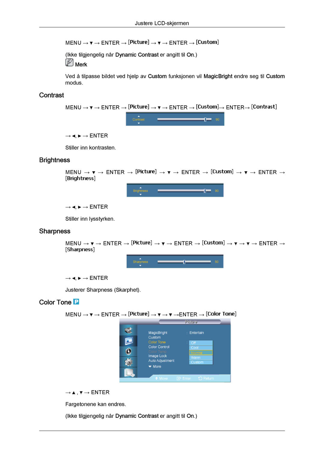 Samsung LH65TCPMBC/EN manual Contrast, Brightness, Sharpness, Color Tone 