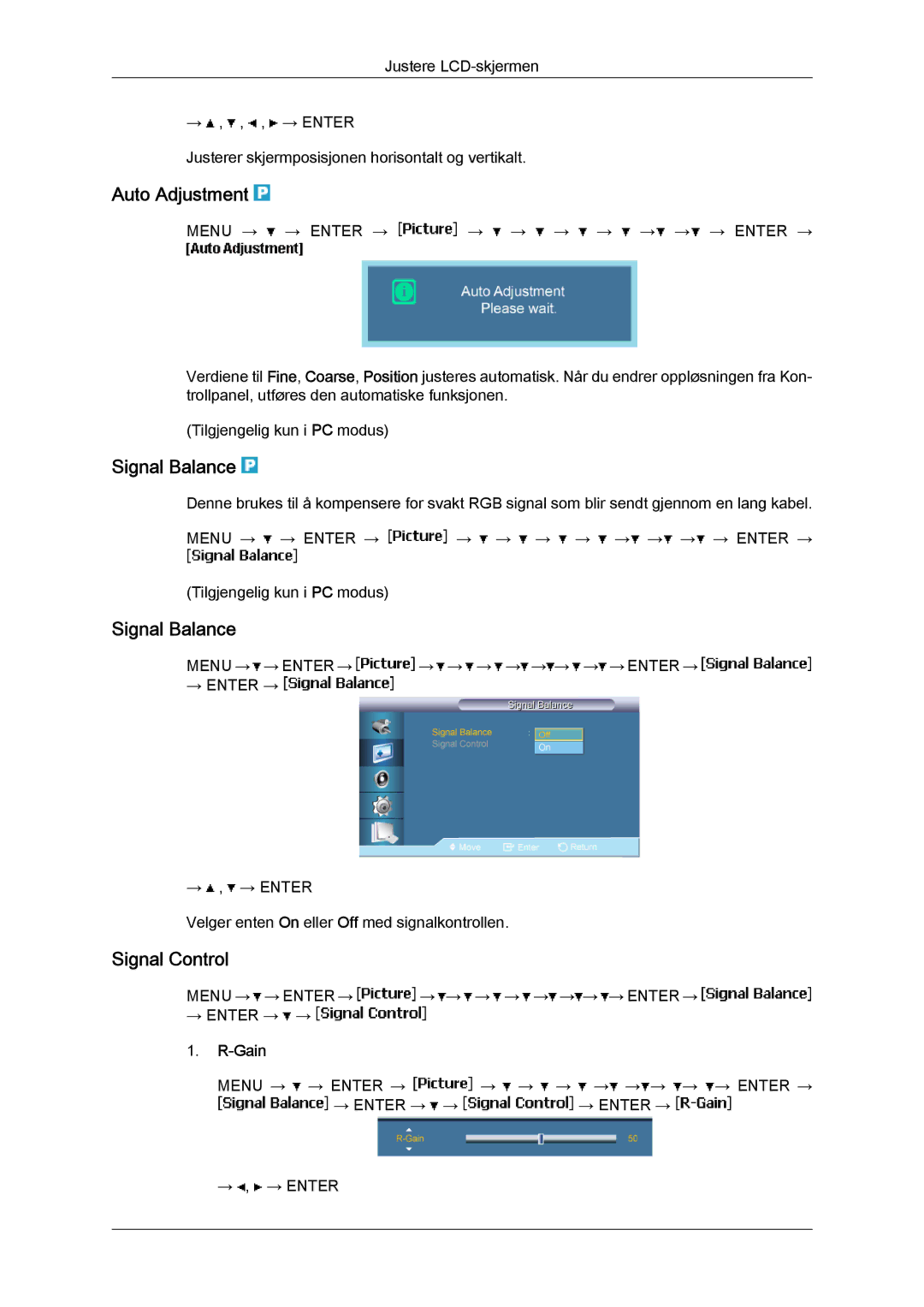 Samsung LH65TCPMBC/EN manual Auto Adjustment, Signal Balance, Signal Control, Gain 