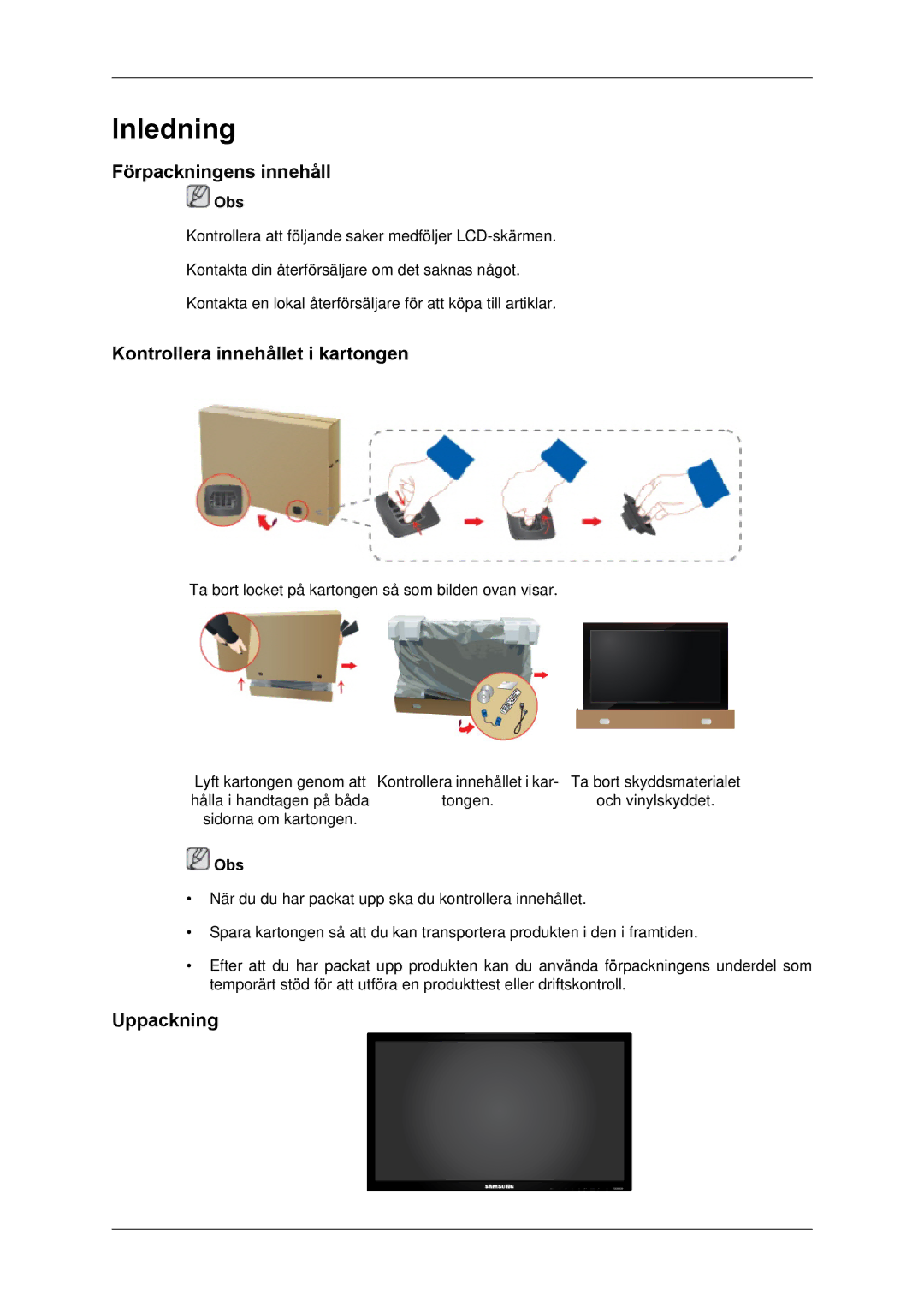 Samsung LH65TCPMBC/EN manual Förpackningens innehåll, Kontrollera innehållet i kartongen, Uppackning 