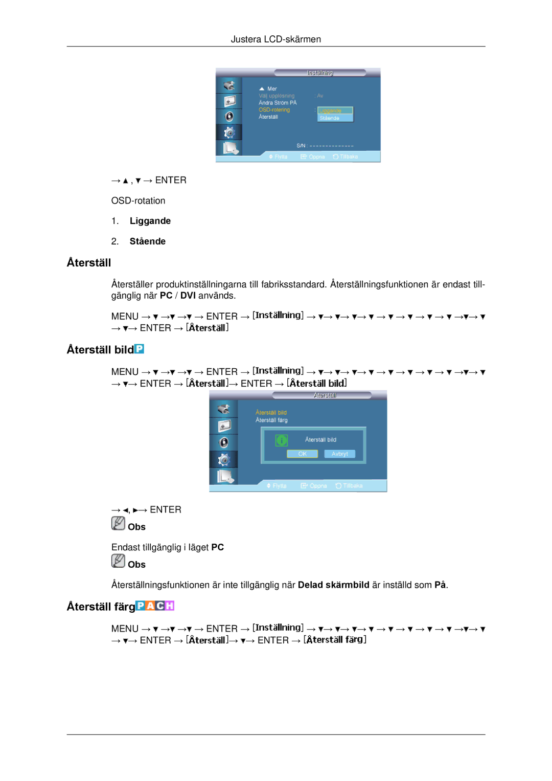 Samsung LH65TCPMBC/EN manual Återställ bild, Återställ färg, Liggande Stående 