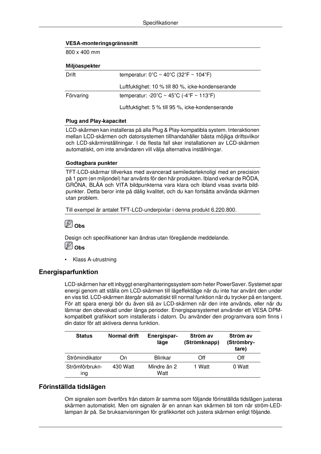 Samsung LH65TCPMBC/EN manual Energisparfunktion, Förinställda tidslägen 