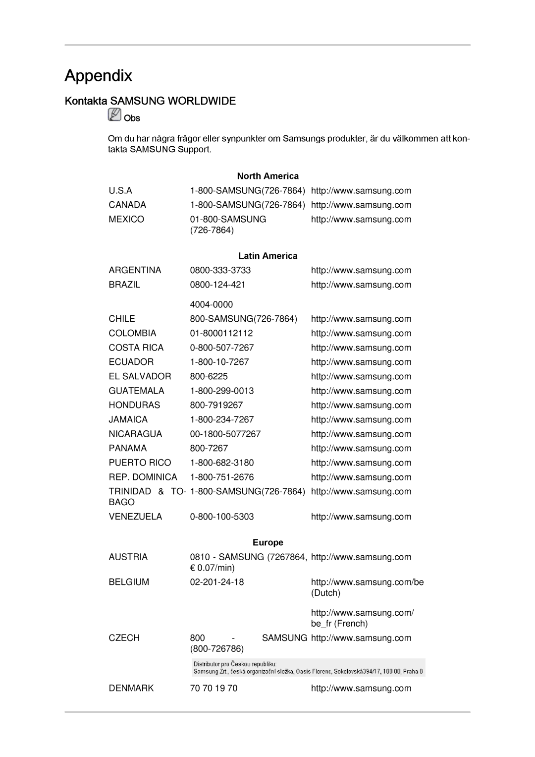 Samsung LH65TCPMBC/EN manual Kontakta Samsung Worldwide, North America, Latin America, Europe 