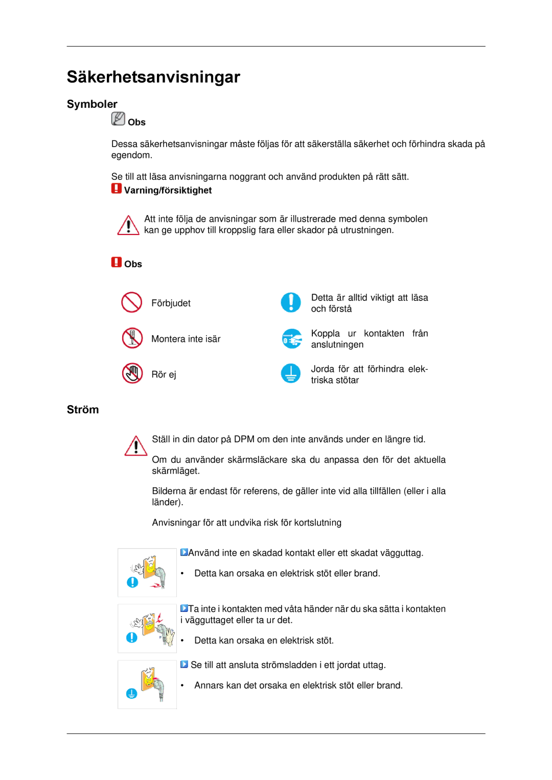 Samsung LH65TCPMBC/EN manual Symboler, Ström, Obs, Varning/försiktighet 