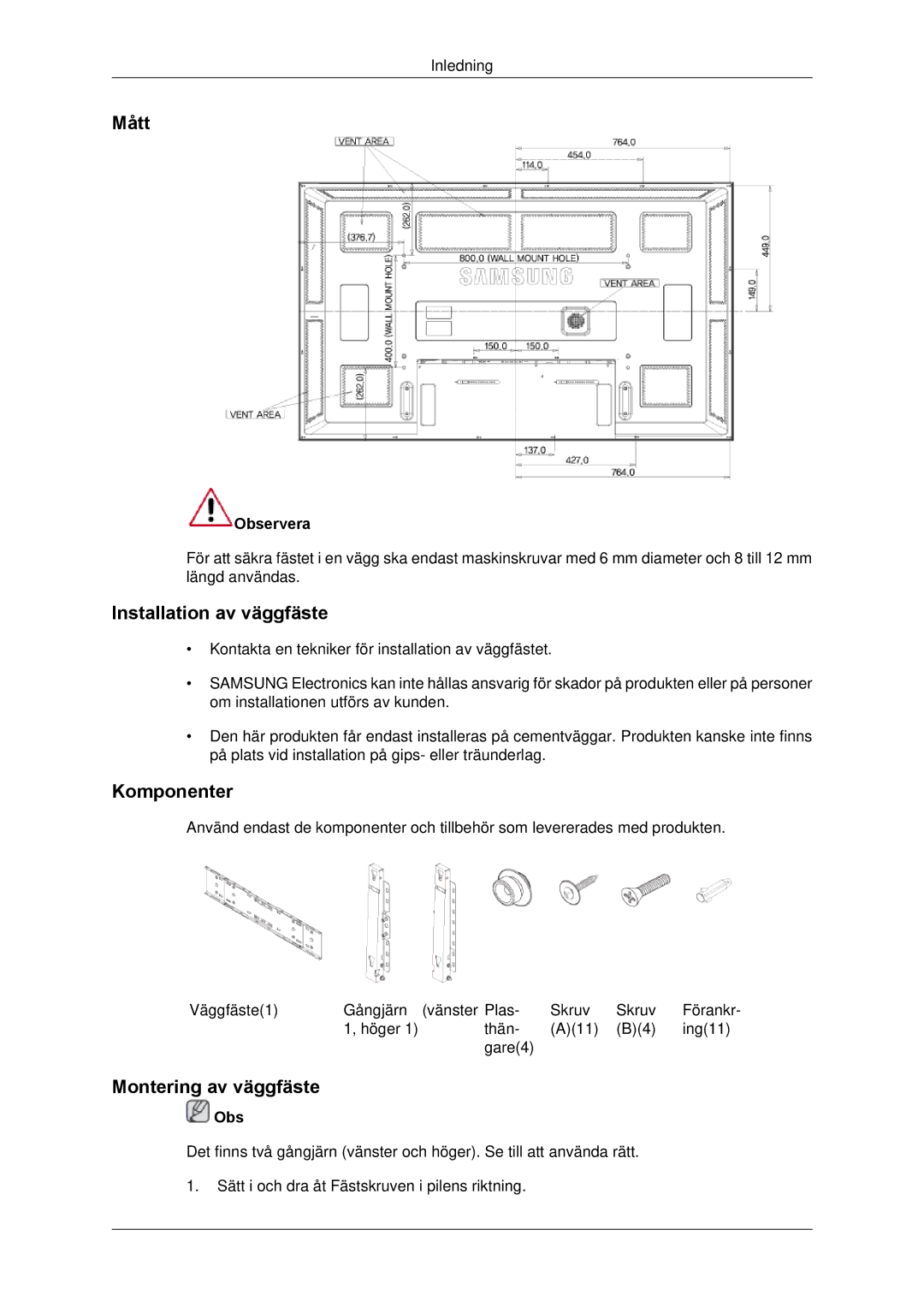 Samsung LH65TCPMBC/EN manual Mått, Installation av väggfäste, Komponenter, Montering av väggfäste, Observera 