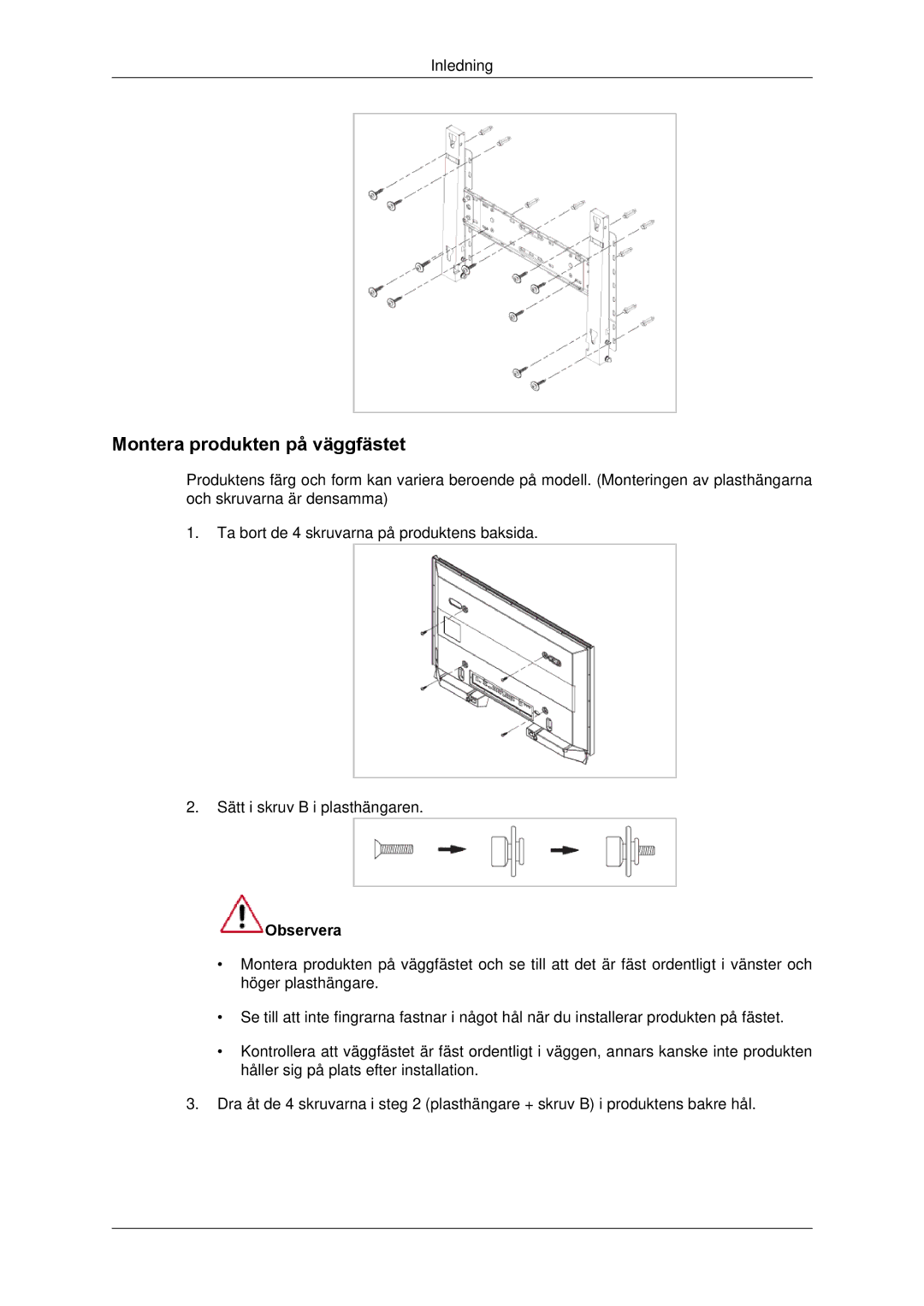 Samsung LH65TCPMBC/EN manual Montera produkten på väggfästet 