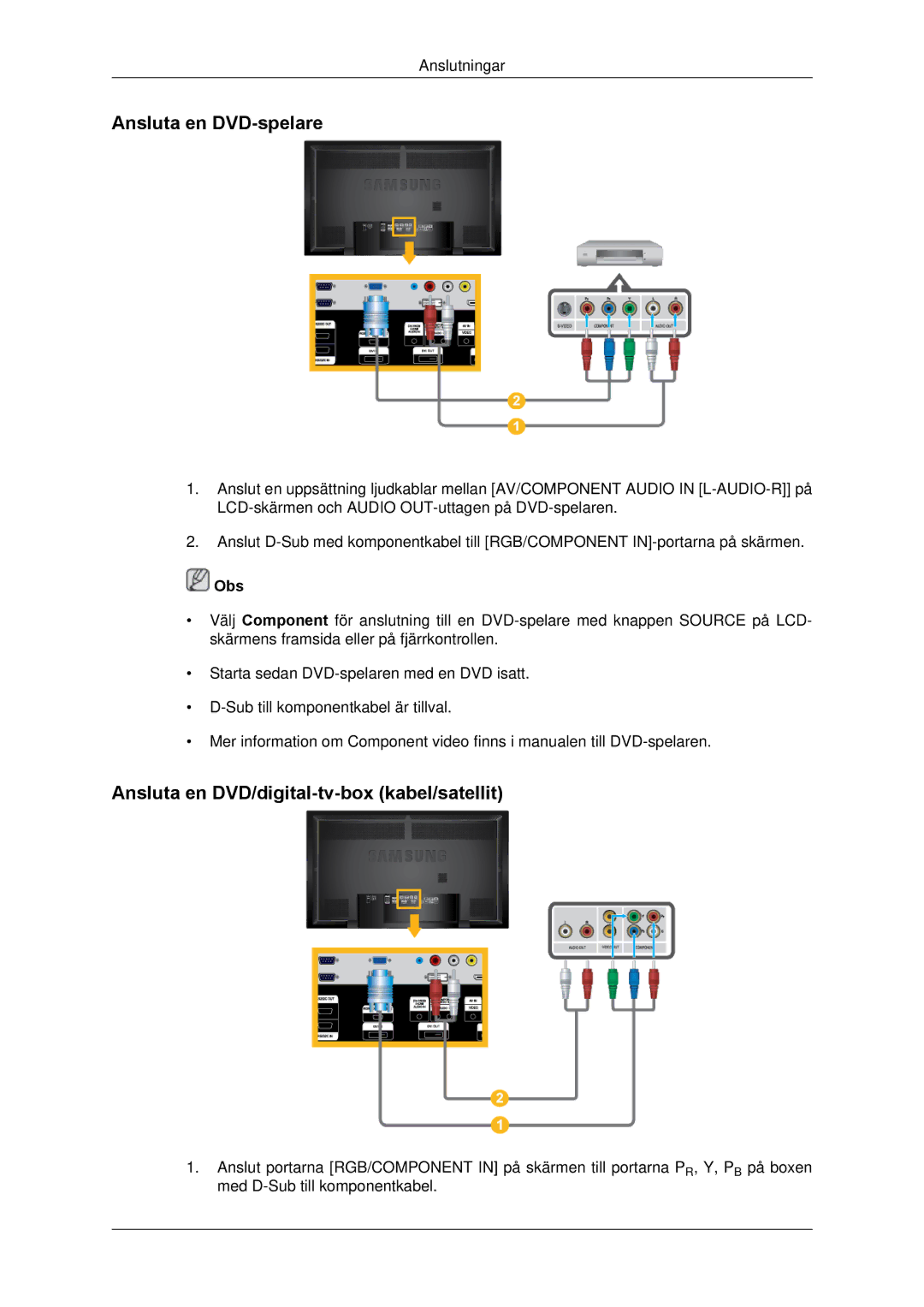 Samsung LH65TCPMBC/EN manual Ansluta en DVD-spelare, Ansluta en DVD/digital-tv-box kabel/satellit 