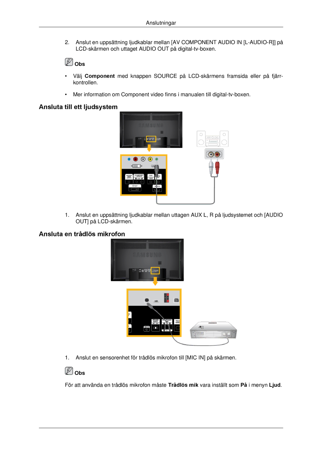 Samsung LH65TCPMBC/EN manual Ansluta till ett ljudsystem, Ansluta en trådlös mikrofon 