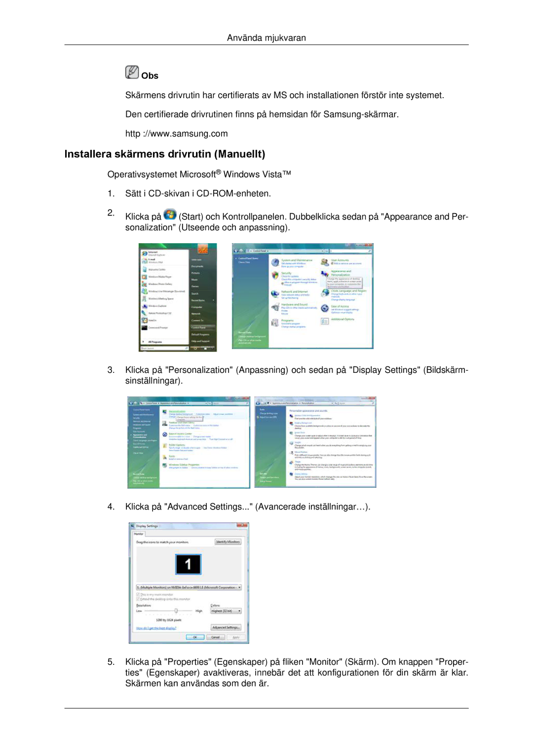 Samsung LH65TCPMBC/EN manual Installera skärmens drivrutin Manuellt 