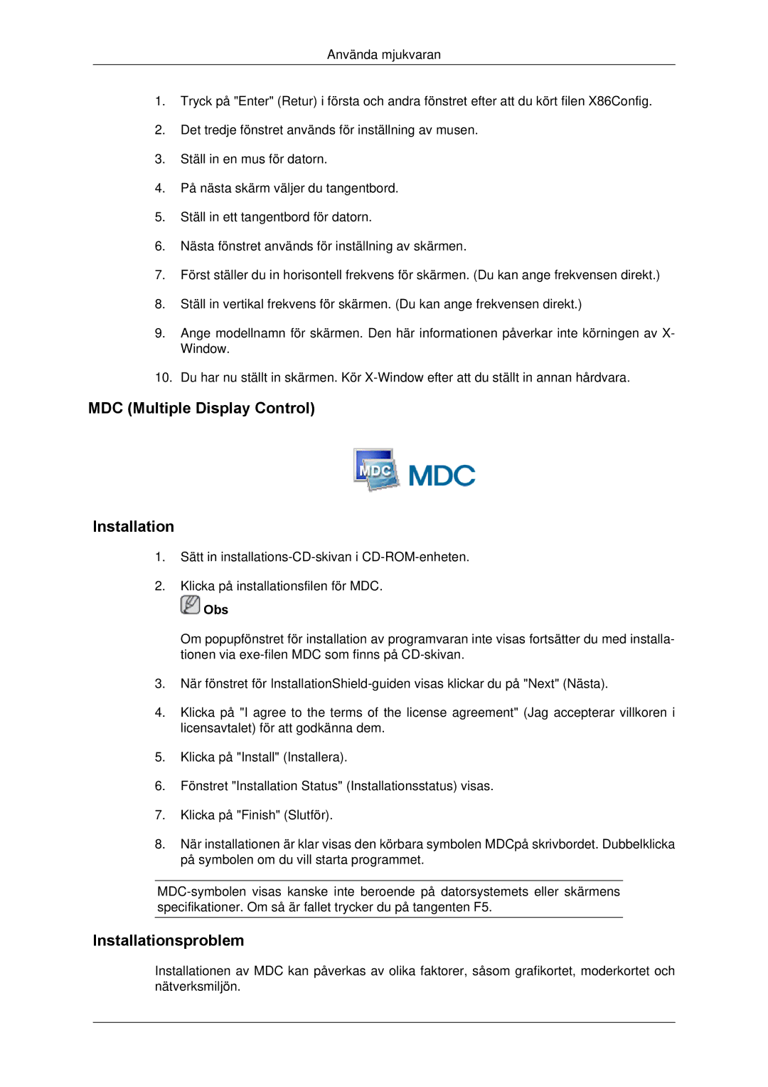 Samsung LH65TCPMBC/EN manual MDC Multiple Display Control Installation, Installationsproblem 