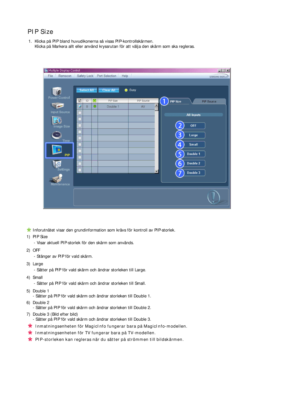 Samsung LH65TCPMBC/EN manual PIP Size 