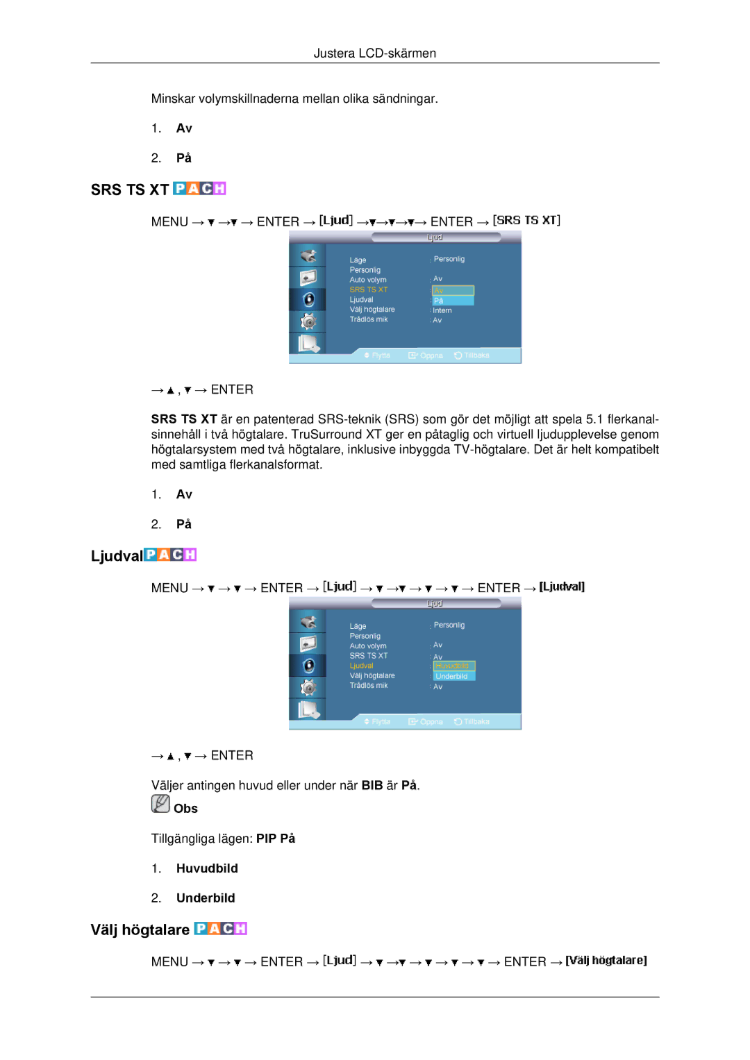 Samsung LH65TCPMBC/EN manual Ljudval, Välj högtalare, Huvudbild Underbild 