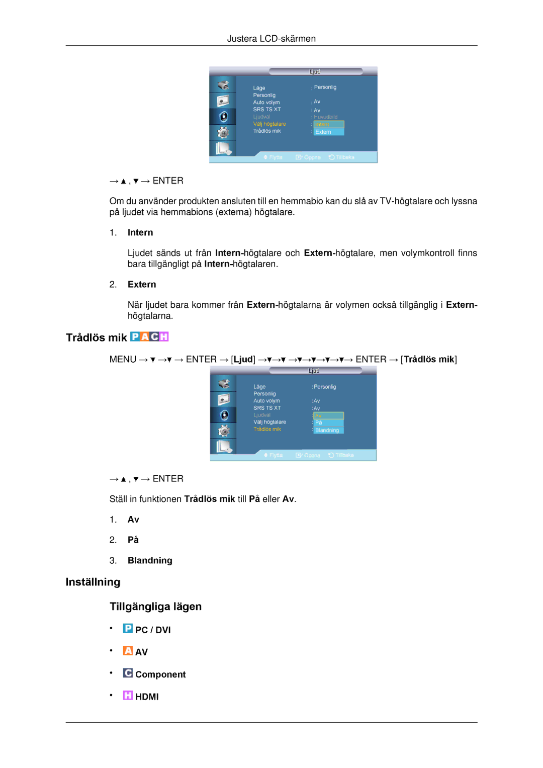 Samsung LH65TCPMBC/EN manual Trådlös mik, Inställning Tillgängliga lägen, Intern, Extern, Blandning 