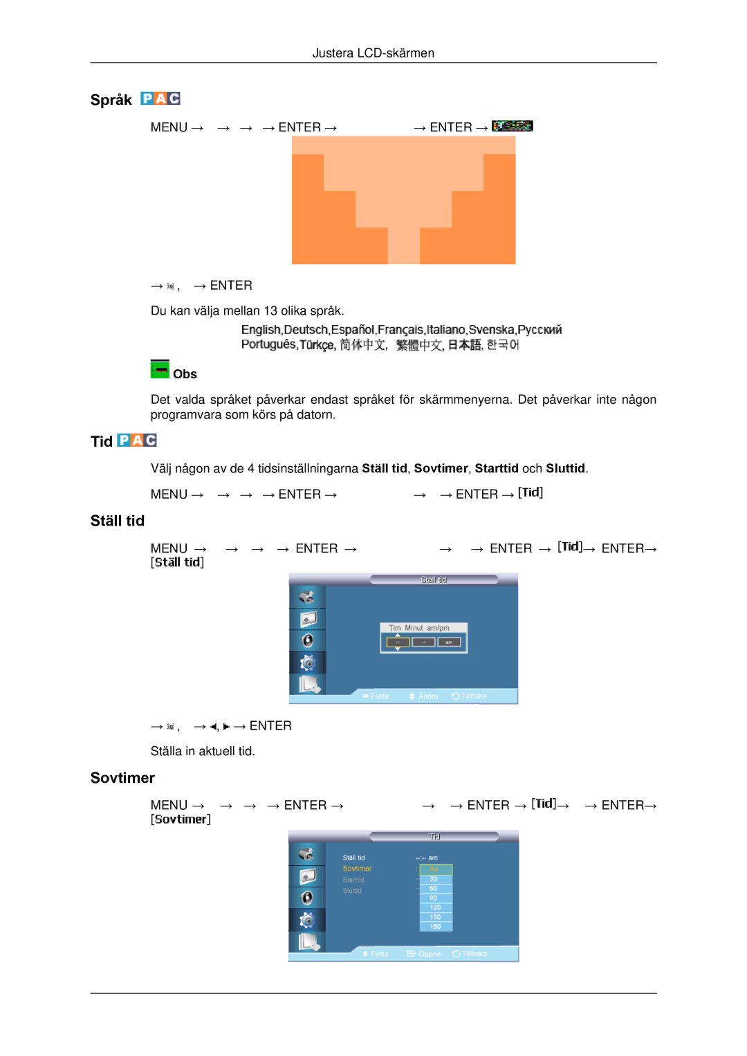 Samsung LH65TCPMBC/EN manual Språk, Tid, Ställ tid, Sovtimer 