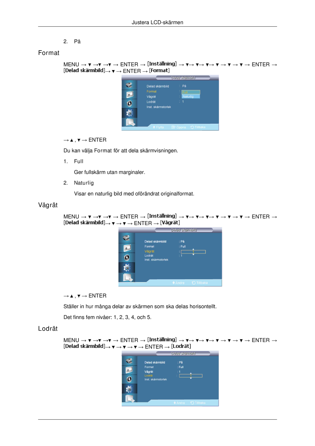 Samsung LH65TCPMBC/EN manual Format, Vågrät, Lodrät, Full, Naturlig 