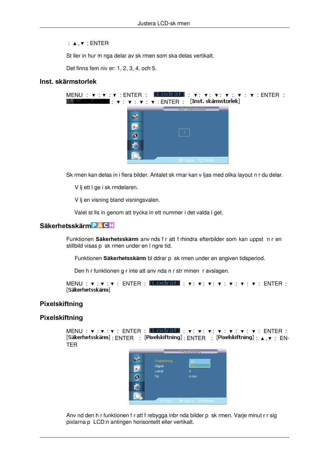 Samsung LH65TCPMBC/EN manual Inst. skärmstorlek, Säkerhetsskärm, Pixelskiftning 