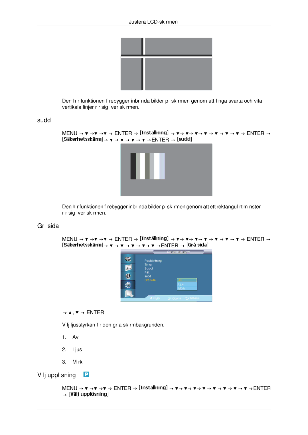 Samsung LH65TCPMBC/EN manual Sudd, Grå sida, Välj upplösning, Ljus Mörk 