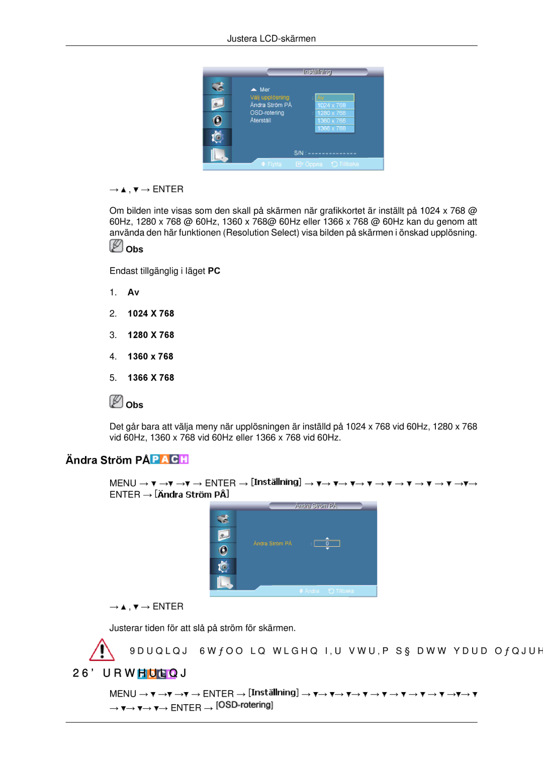 Samsung LH65TCPMBC/EN manual Ändra Ström PÅ, OSD-rotering, 1024 X 1280 X 1360 x 1366 X Obs 