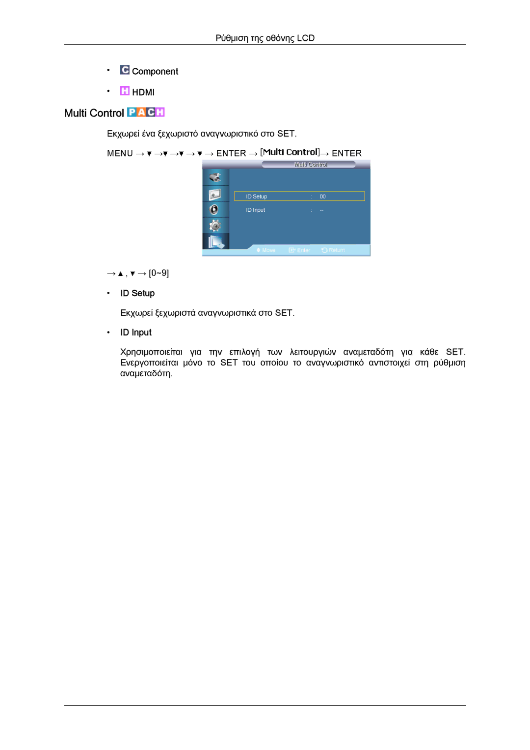 Samsung LH65TCPMBC/EN manual Multi Control, ID Setup, ID Input 