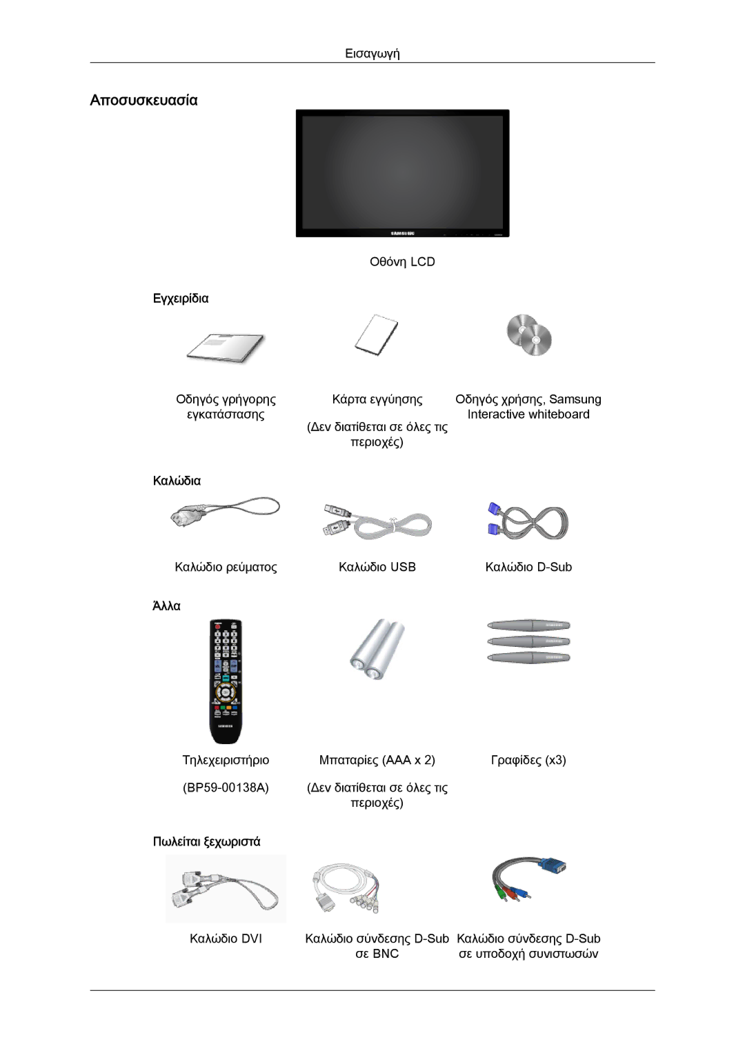 Samsung LH65TCPMBC/EN manual Αποσυσκευασία, Εγχειρίδια, Καλώδια, Άλλα, Πωλείται ξεχωριστά 