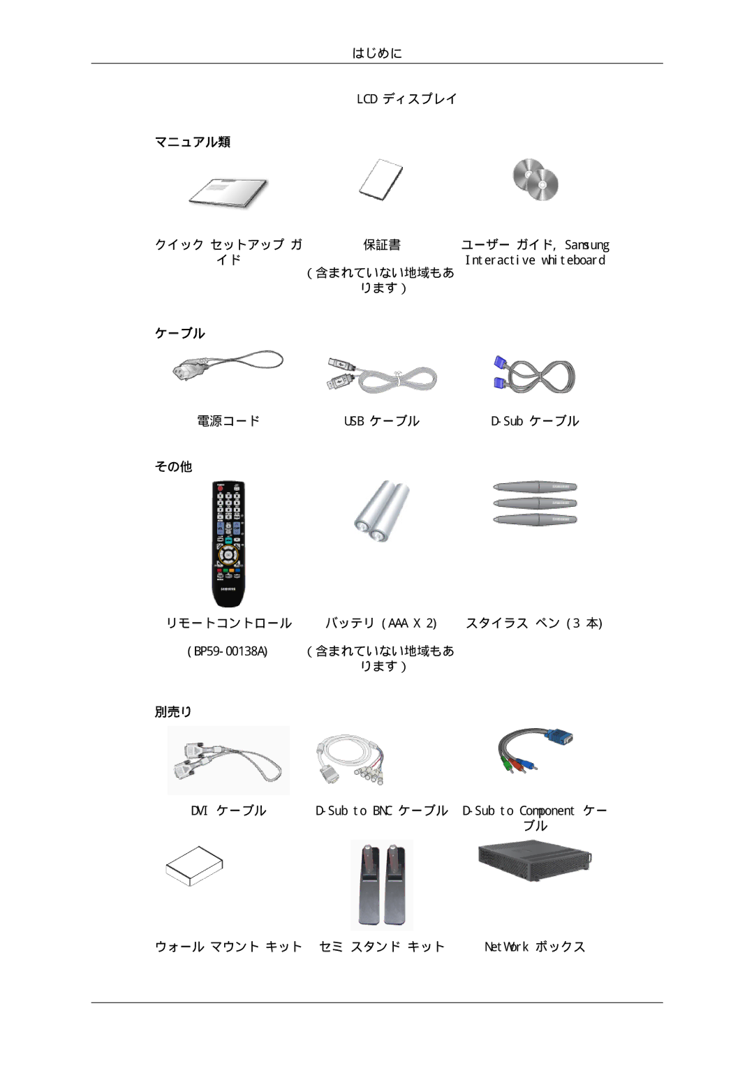 Samsung LH65TCPMBC/XJ manual はじめに Lcd ディスプレイ, （含まれていない地域もあ ります）, 電源コード, リモートコントロール, スタイラス ペン 3 本, ウォール マウント キット セミ スタンド キット 