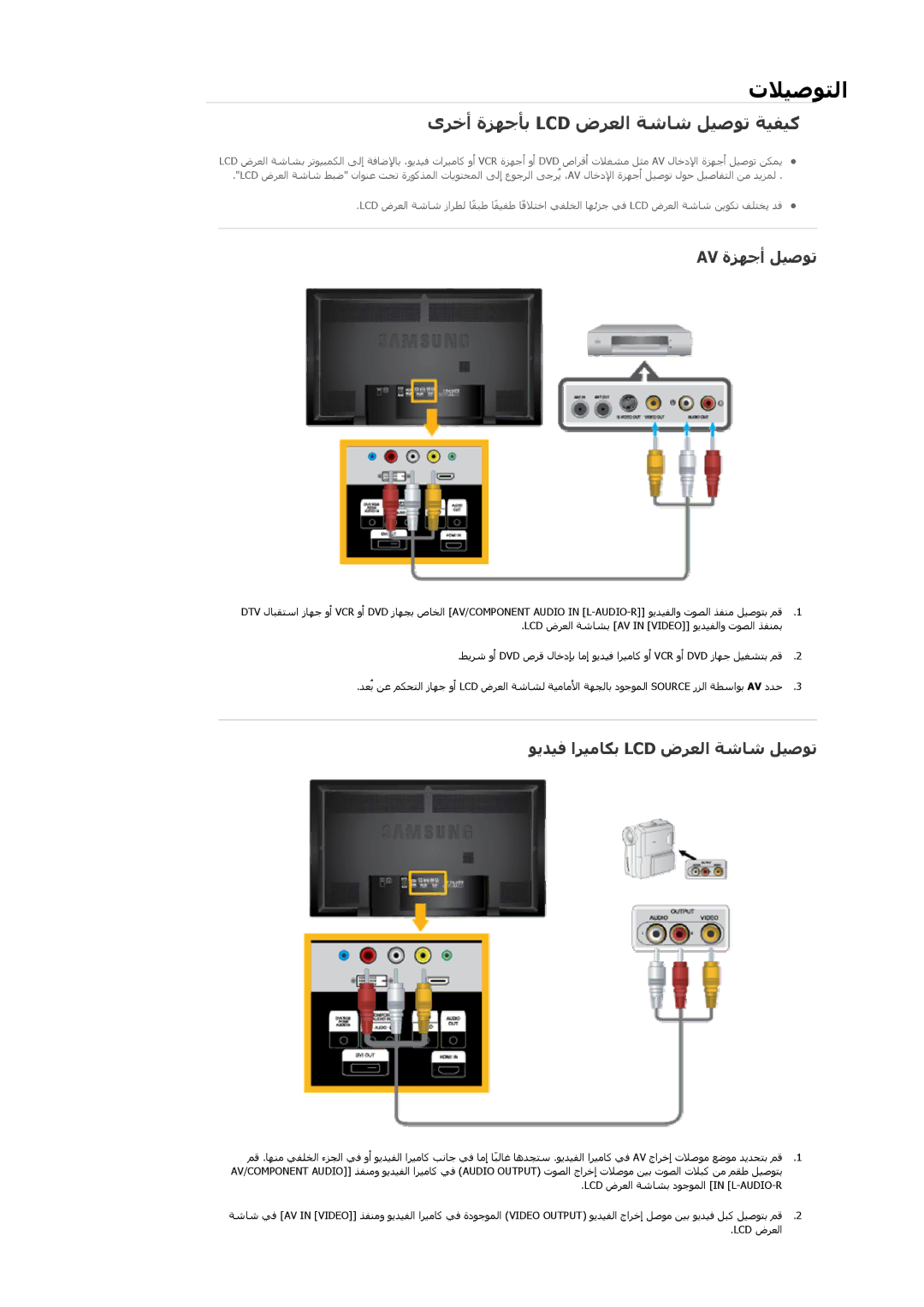 Samsung LH65TCQMBC/HD manual ىﺮﺧأ ةﺰﻬﺟﺄﺑ Lcd ضﺮﻌﻟا ﺔﺷﺎﺷ ﻞﻴﺻﻮﺗ ﺔﻴﻔﻴآ, Av ةﺰﻬﺟأ ﻞﻴﺻﻮﺗ, ﻮﻳﺪﻴﻓ اﺮﻴﻣﺎﻜﺑ Lcd ضﺮﻌﻟا ﺔﺷﺎﺷ ﻞﻴﺻﻮﺗ 