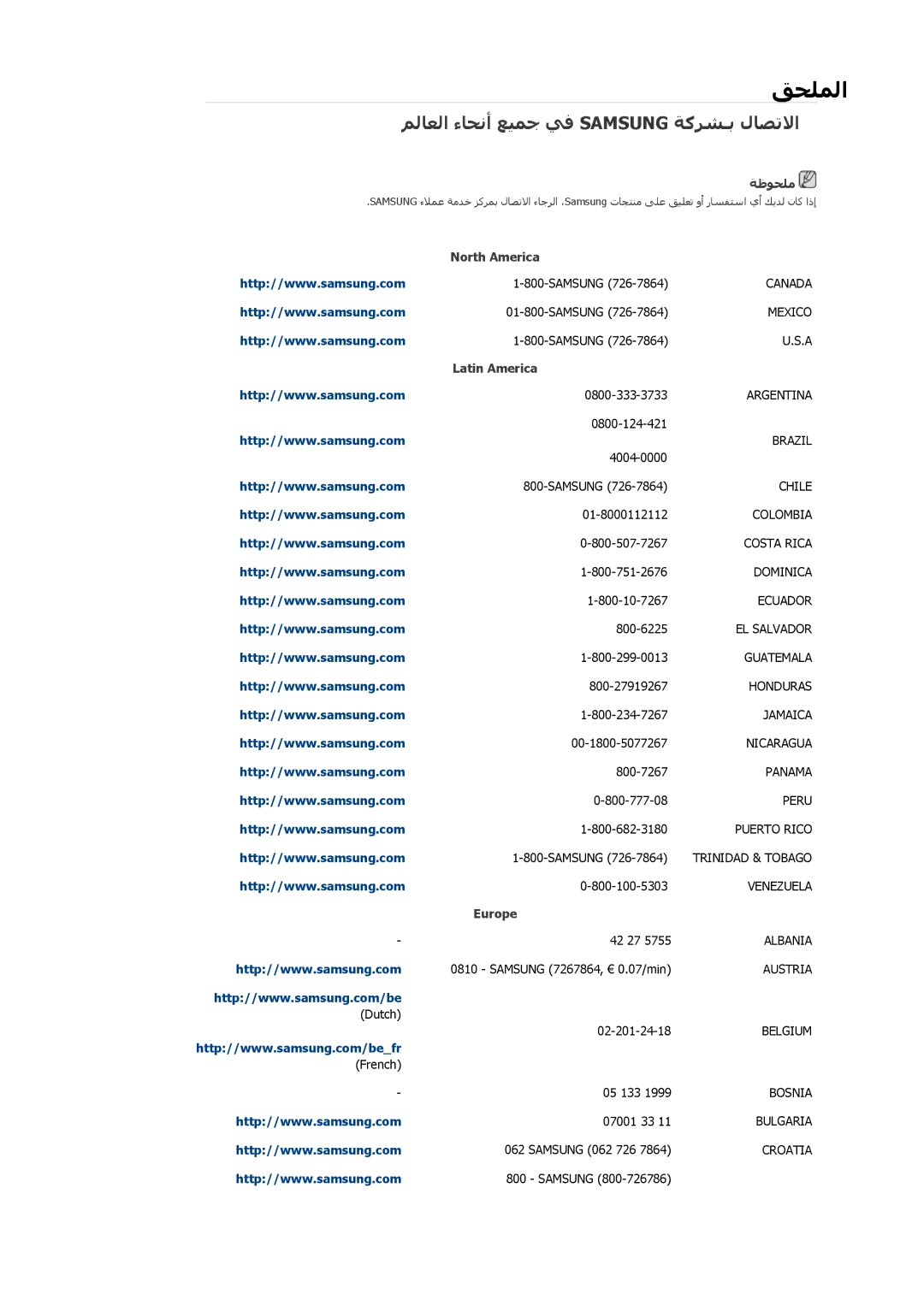 Samsung LH65TCQMBC/NG, LH65TCQMBC/EN, LH65TCQMBC/HD, LH65TCQMBC/SM manual ﻖﺤﻠﻤﻟا, ﻢﻟﺎﻌﻟا ءﺎﺤﻧأ ﻊﻴﻤﺟ ﻲﻓ Samsung ﺔآﺮﺸـﺑ لﺎﺼﺗﻻا 