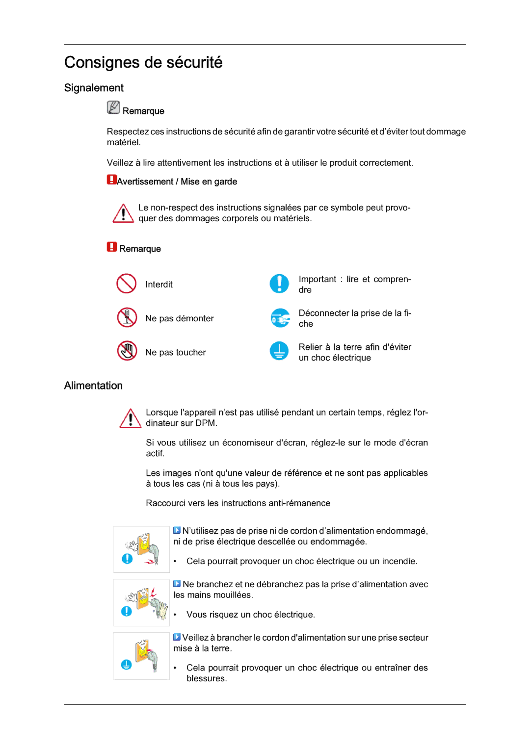 Samsung LH65TCQMBC/EN manual Signalement, Alimentation, Remarque, Avertissement / Mise en garde 