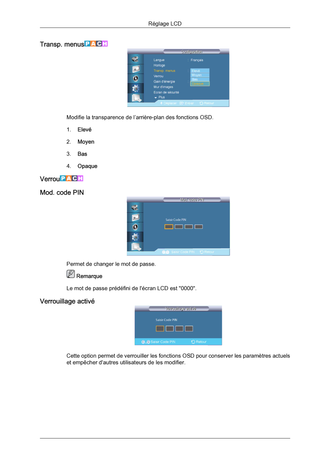 Samsung LH65TCQMBC/EN manual Transp. menus, Verrou Mod. code PIN, Verrouillage activé, Elevé Moyen Bas Opaque 