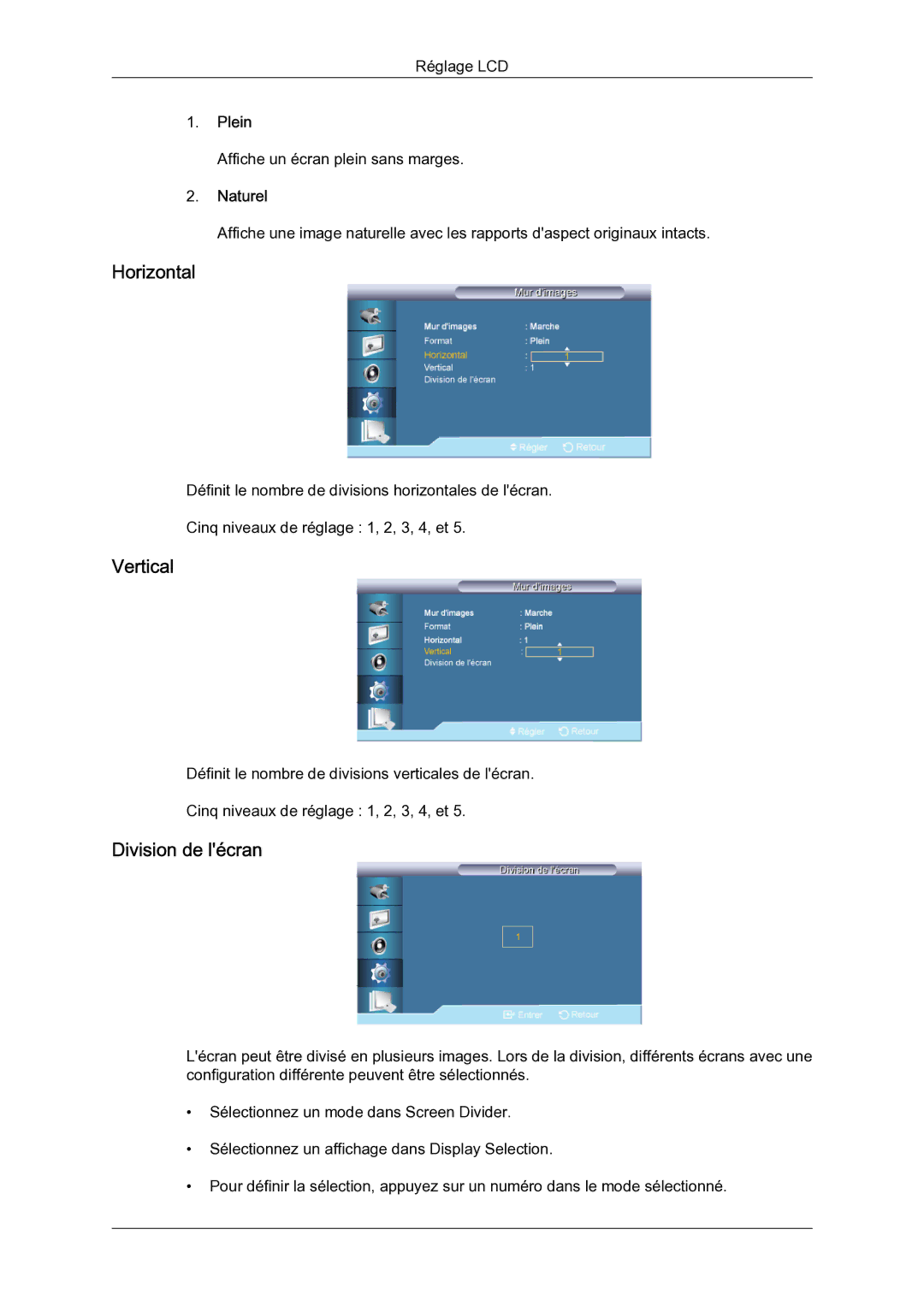 Samsung LH65TCQMBC/EN manual Horizontal, Vertical, Division de lécran, Plein, Naturel 