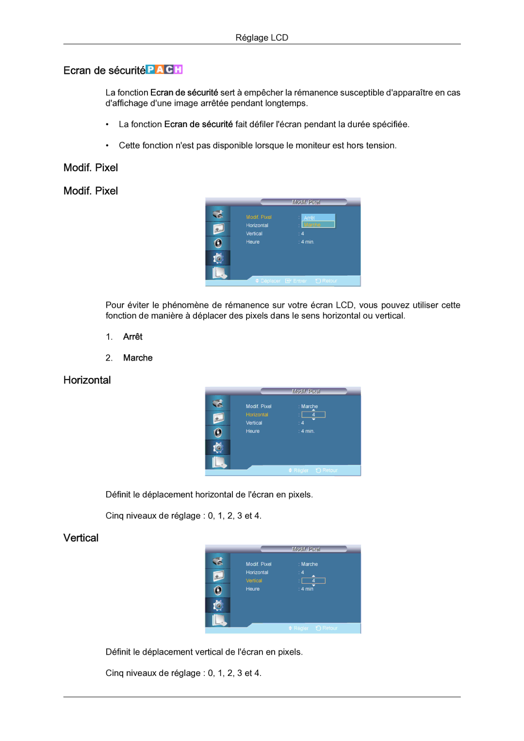 Samsung LH65TCQMBC/EN manual Ecran de sécurité, Modif. Pixel 