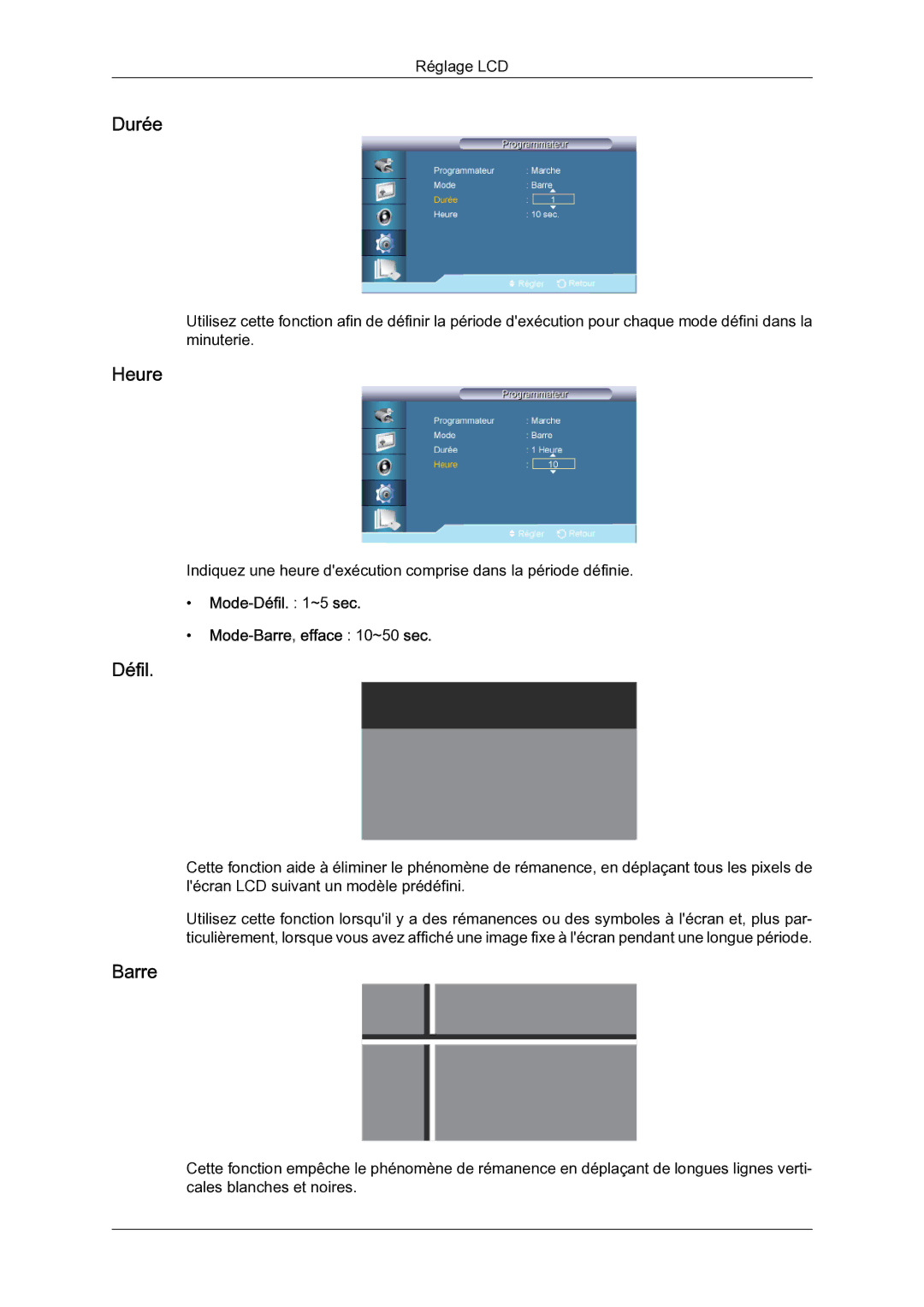 Samsung LH65TCQMBC/EN manual Durée, Mode-Défil ~5 sec Mode-Barre,efface 10~50 sec 