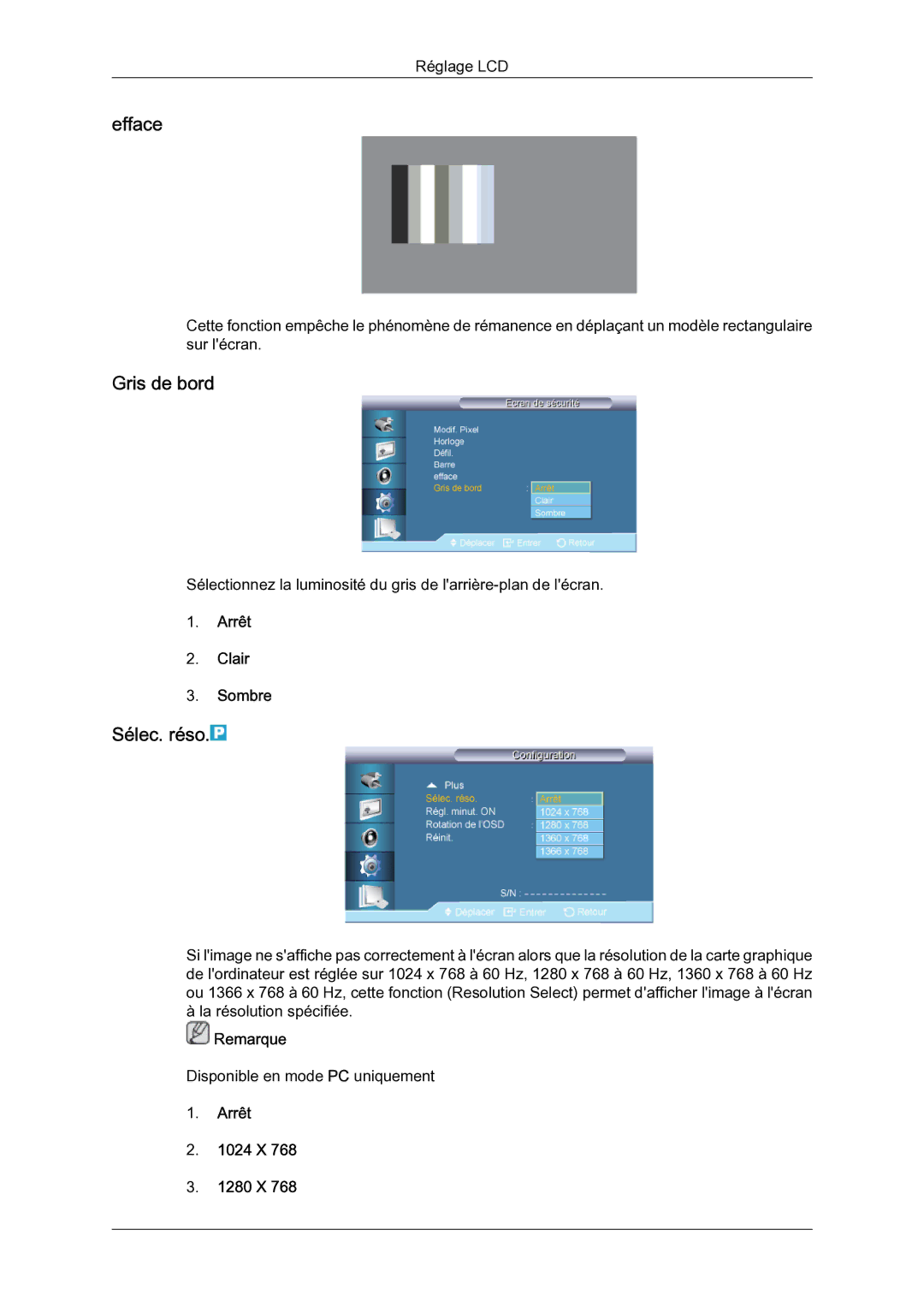 Samsung LH65TCQMBC/EN manual Efface, Gris de bord, Sélec. réso, Arrêt Clair Sombre, Arrêt 1024 X 1280 X 