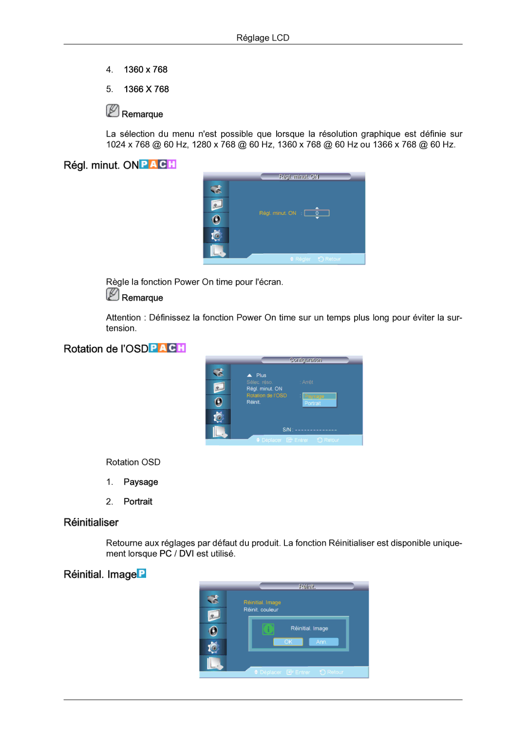 Samsung LH65TCQMBC/EN manual Régl. minut. on, Rotation de l’OSD, Réinitialiser, Réinitial. Image 