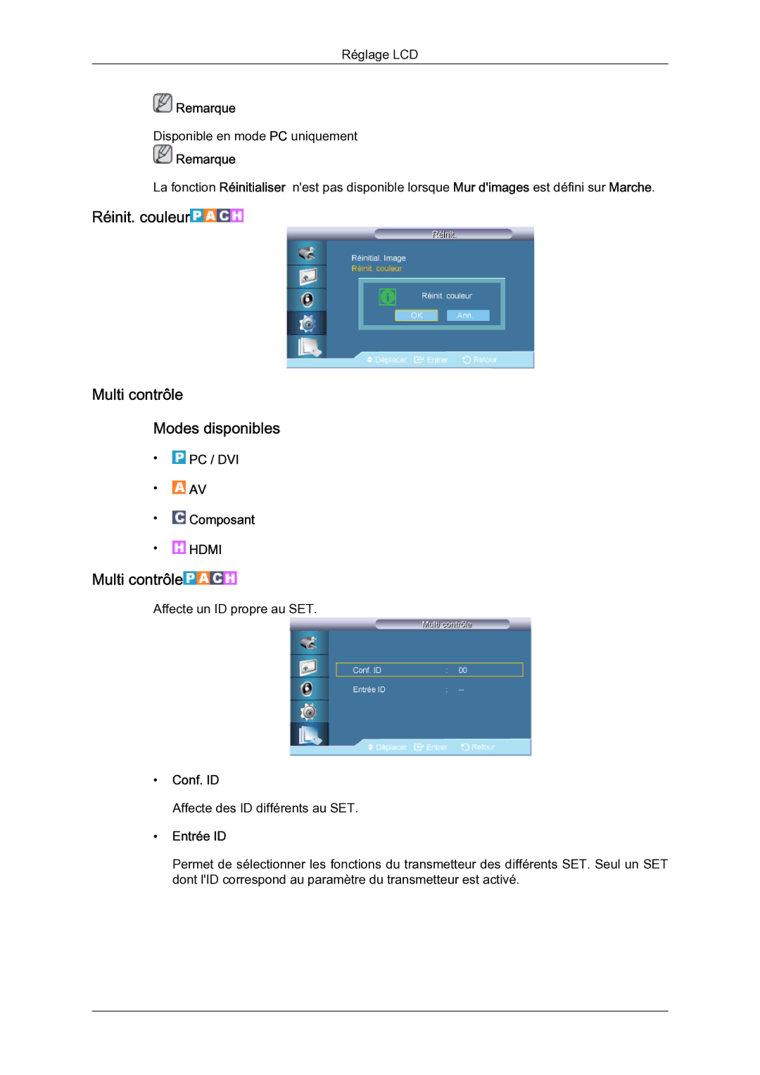 Samsung LH65TCQMBC/EN manual Réinit. couleur Multi contrôle Modes disponibles, Conf. ID, Entrée ID 