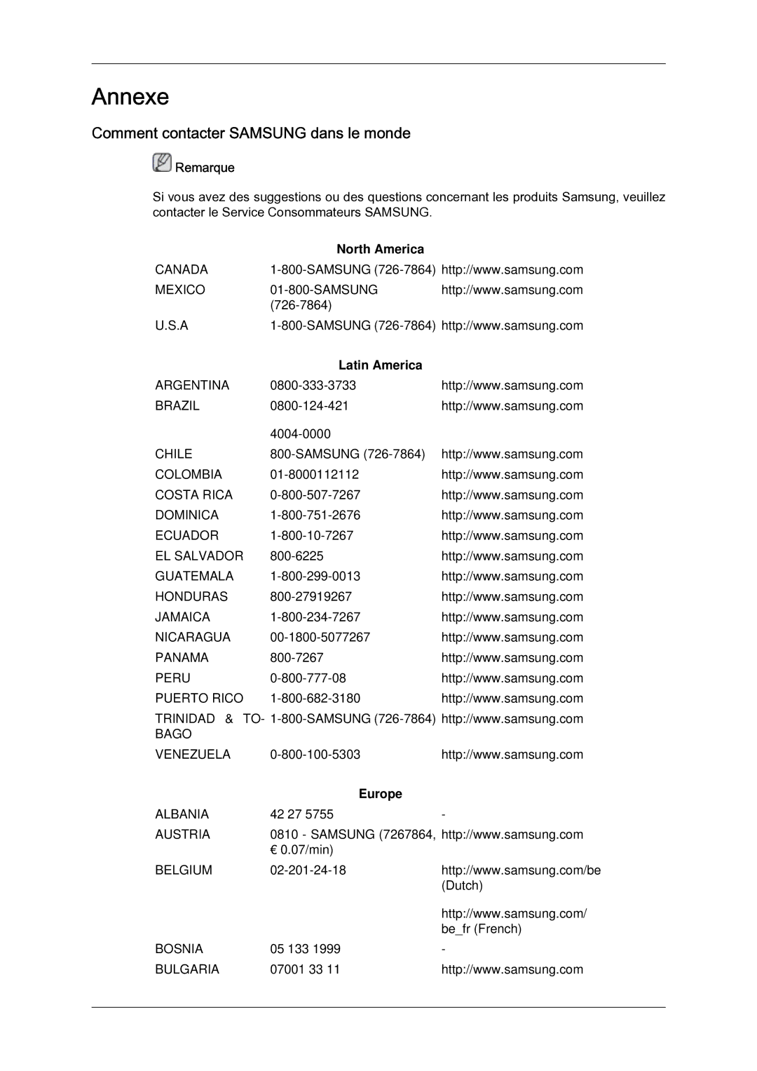 Samsung LH65TCQMBC/EN manual Comment contacter Samsung dans le monde, North America, Latin America, Europe 