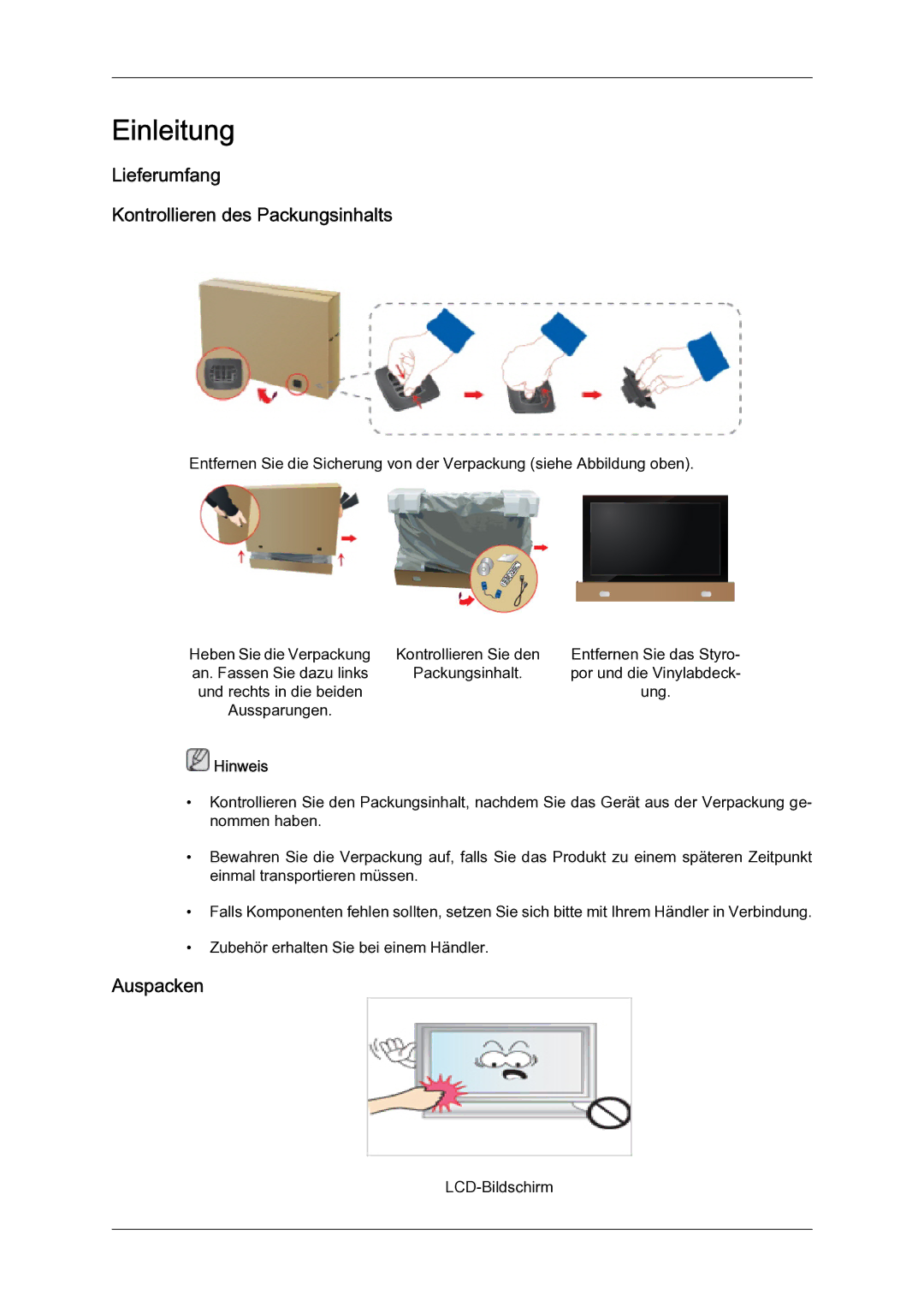 Samsung LH65TCQMBC/EN manual Lieferumfang Kontrollieren des Packungsinhalts, Auspacken 