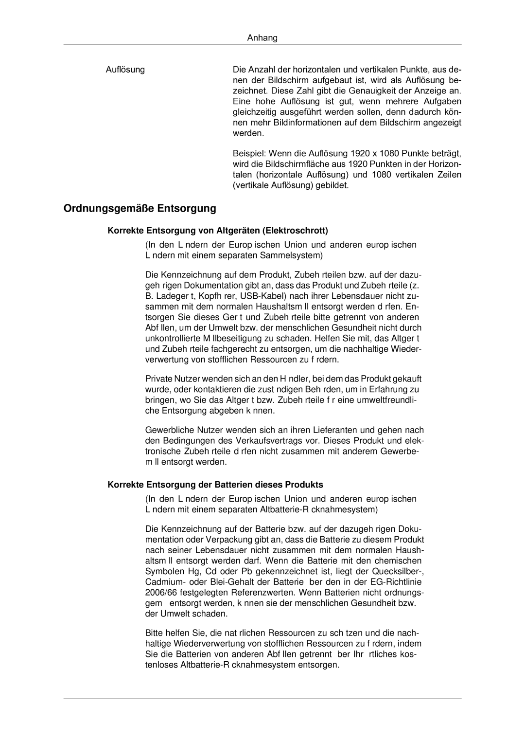 Samsung LH65TCQMBC/EN manual Ordnungsgemäße Entsorgung, Korrekte Entsorgung von Altgeräten Elektroschrott 