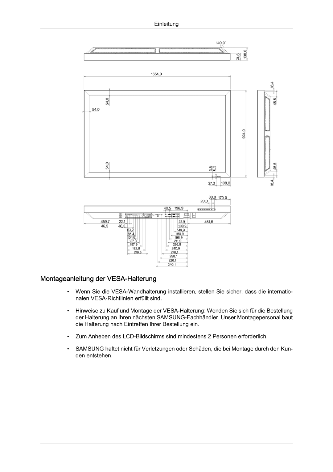 Samsung LH65TCQMBC/EN manual Montageanleitung der VESA‐Halterung 