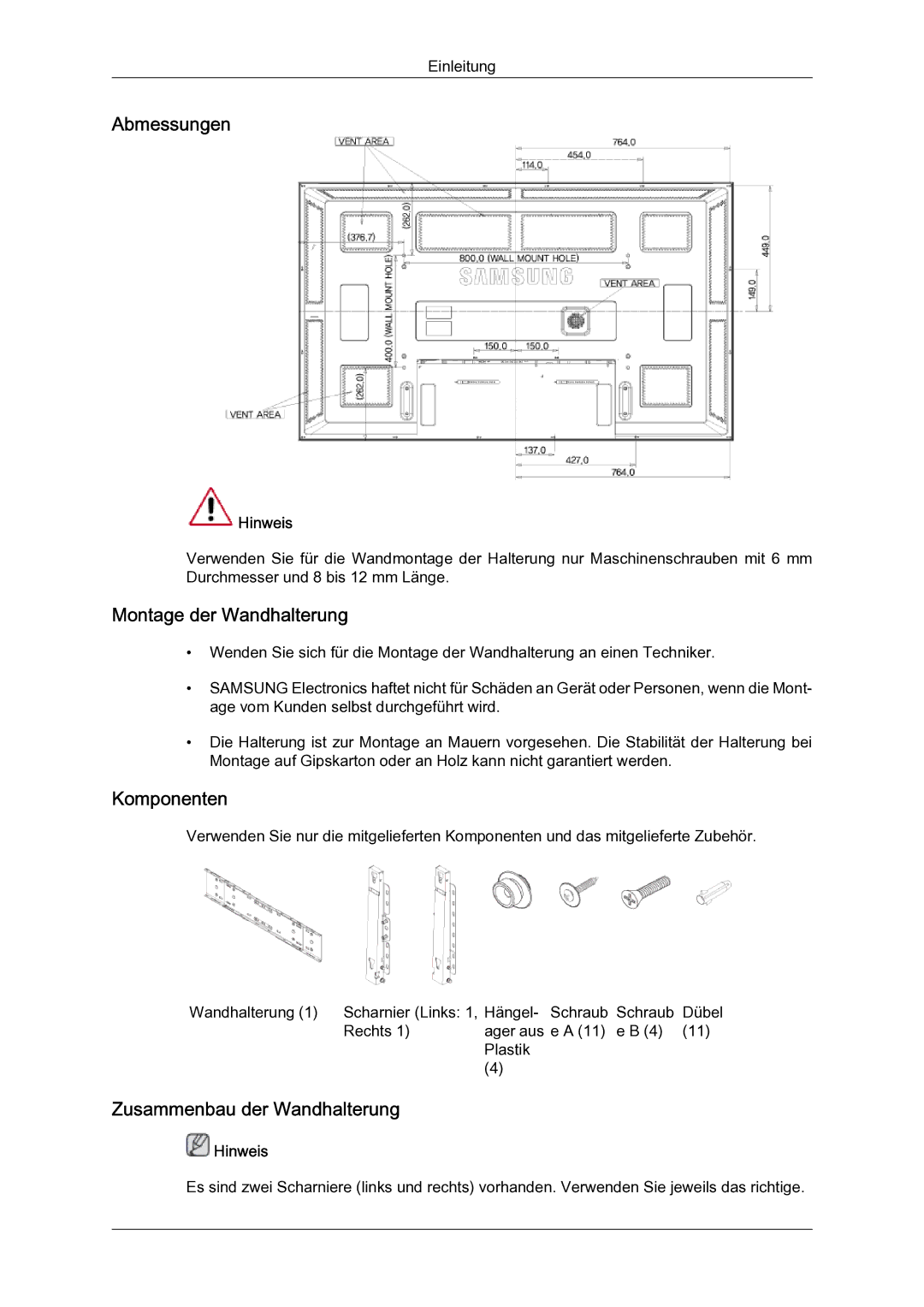 Samsung LH65TCQMBC/EN manual Abmessungen, Montage der Wandhalterung, Komponenten, Zusammenbau der Wandhalterung 