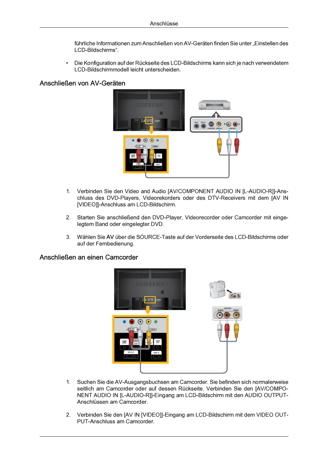 Samsung LH65TCQMBC/EN manual Anschließen von AV‐Geräten, Anschließen an einen Camcorder 