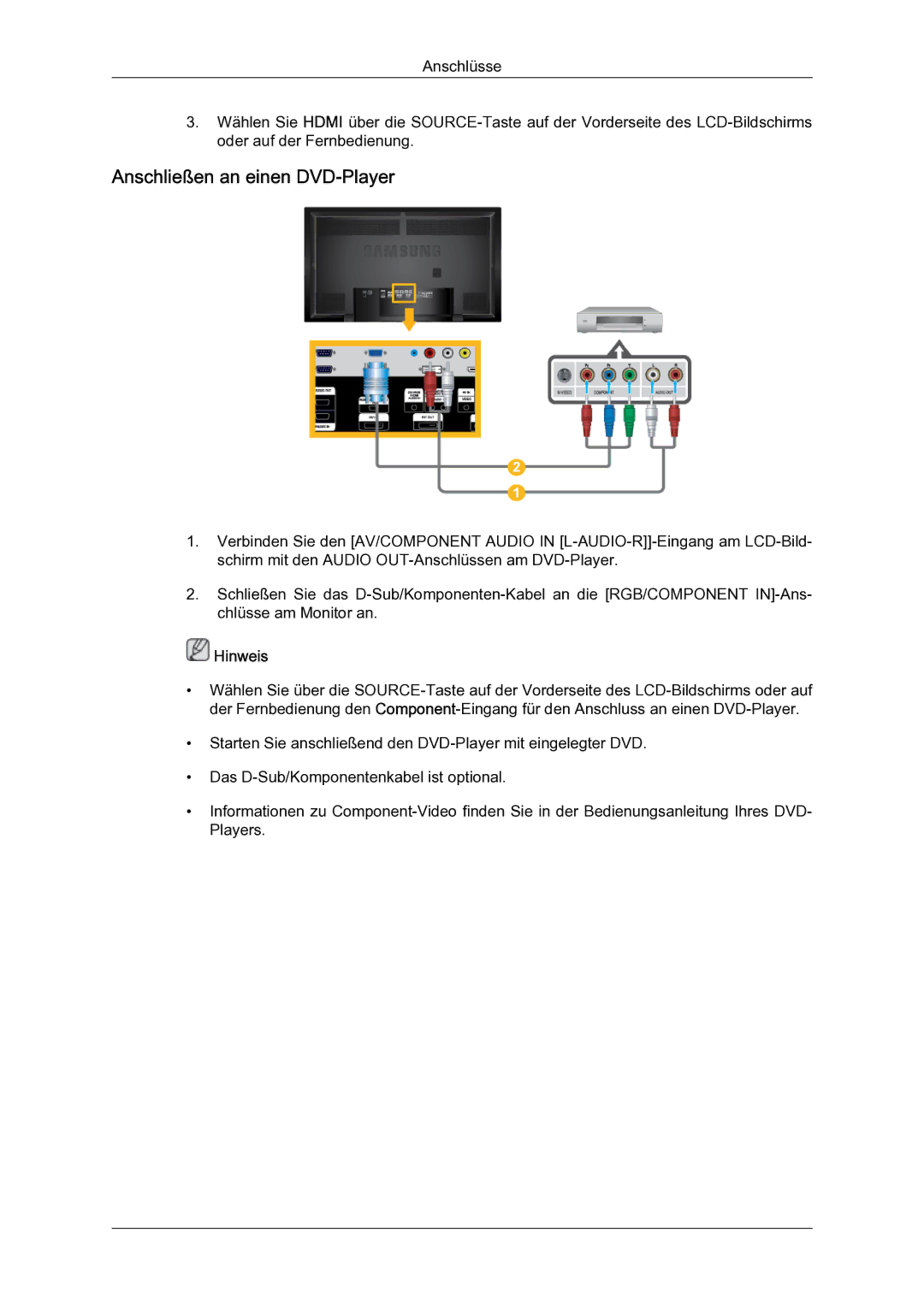 Samsung LH65TCQMBC/EN manual Anschließen an einen DVD‐Player 