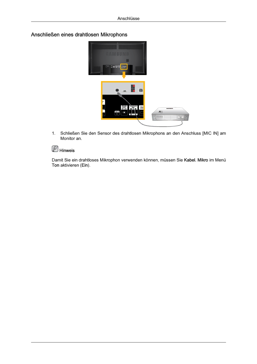 Samsung LH65TCQMBC/EN manual Anschließen eines drahtlosen Mikrophons 