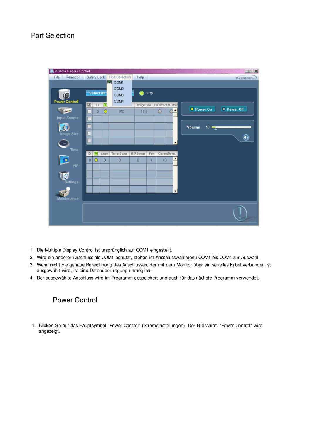 Samsung LH65TCQMBC/EN manual Port Selection, Power Control 