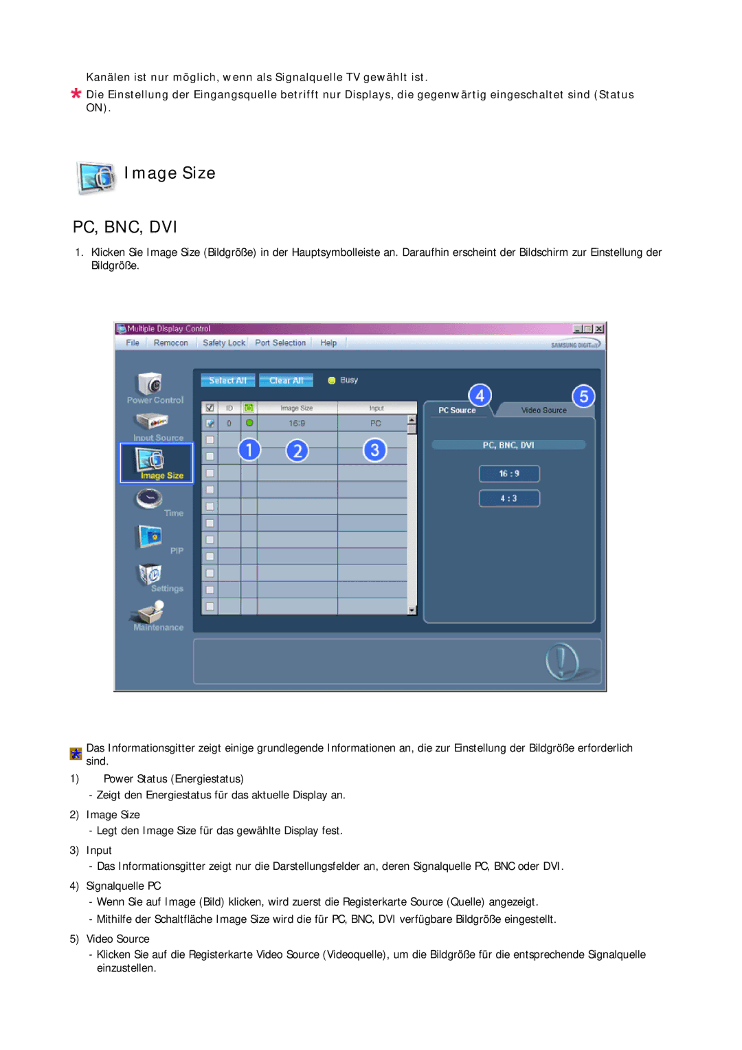 Samsung LH65TCQMBC/EN manual Image Size, Pc, Bnc, Dvi 