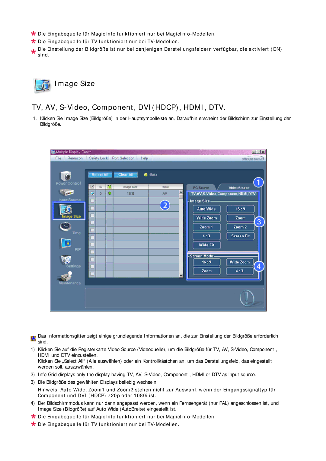 Samsung LH65TCQMBC/EN manual Image Size TV, AV, S-Video, Component, DVIHDCP, HDMI, DTV 