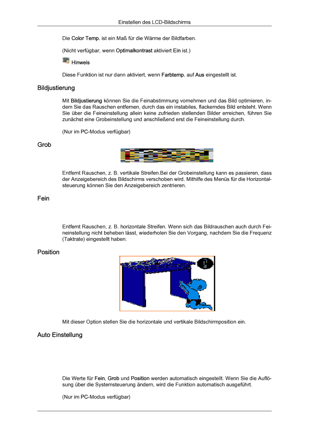 Samsung LH65TCQMBC/EN manual Bildjustierung, Grob, Fein, Auto Einstellung 