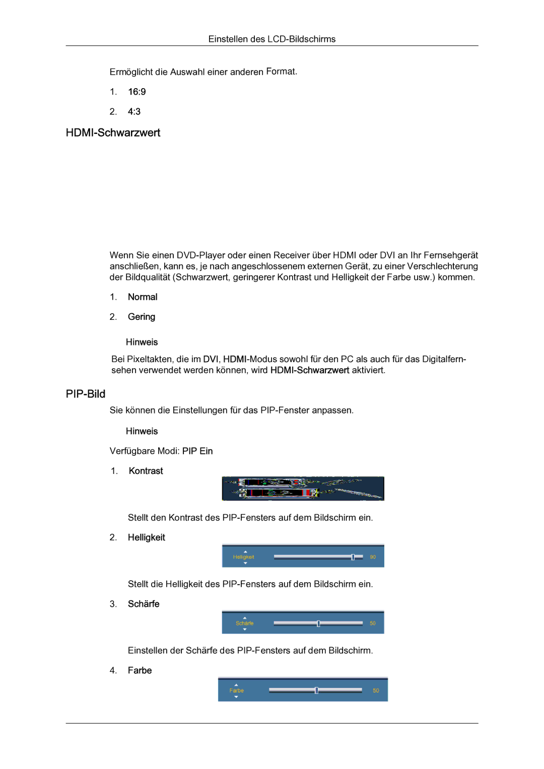 Samsung LH65TCQMBC/EN manual HDMI‐Schwarzwert, PIP‐Bild 