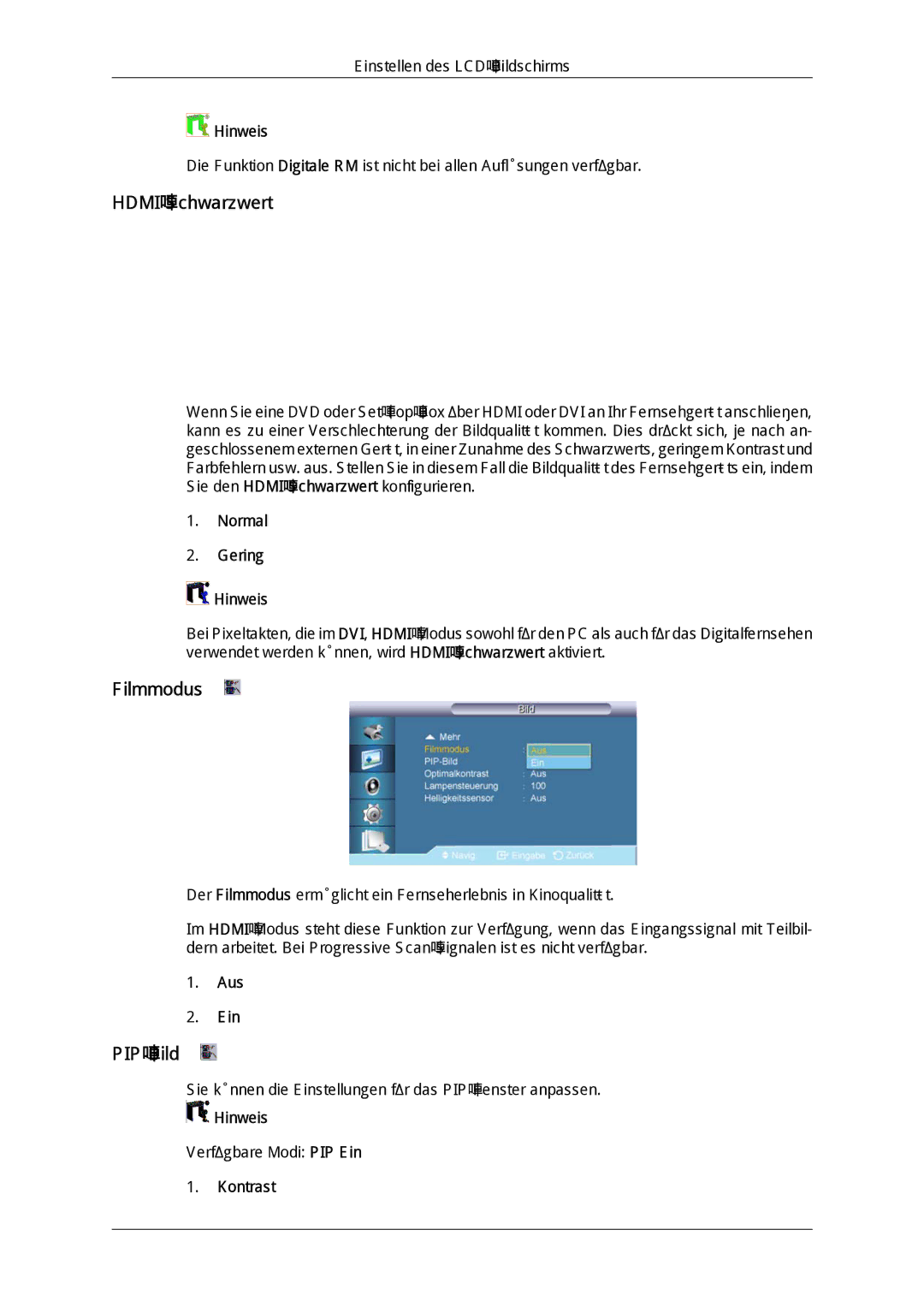 Samsung LH65TCQMBC/EN manual HDMI‐Schwarzwert, Filmmodus 